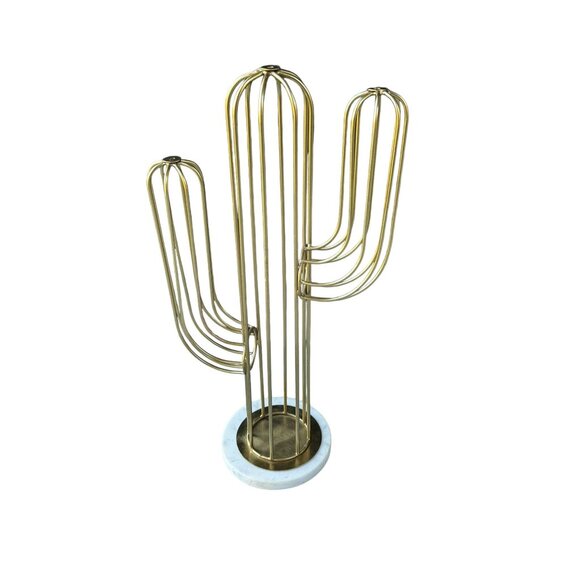 Gold Brass Cactus Sculpture With White Marble Base Modern Art Decor - Picture 5 of 9